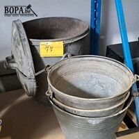 Zinken emmers 3 stuks en zinken afvalbak met deksel – kavel bij BOPA Auctions, Aarsele