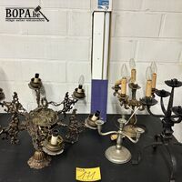 Lot luster en kandelaars + TL armatuur met lamp - 5 stuks – kavel bij BOPA Auctions, Oekene