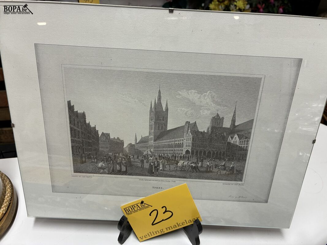 Antieke staalgravure van Grote Markt Ieper - get – foto 2 – kavel bij BOPA Auctions, Ieper