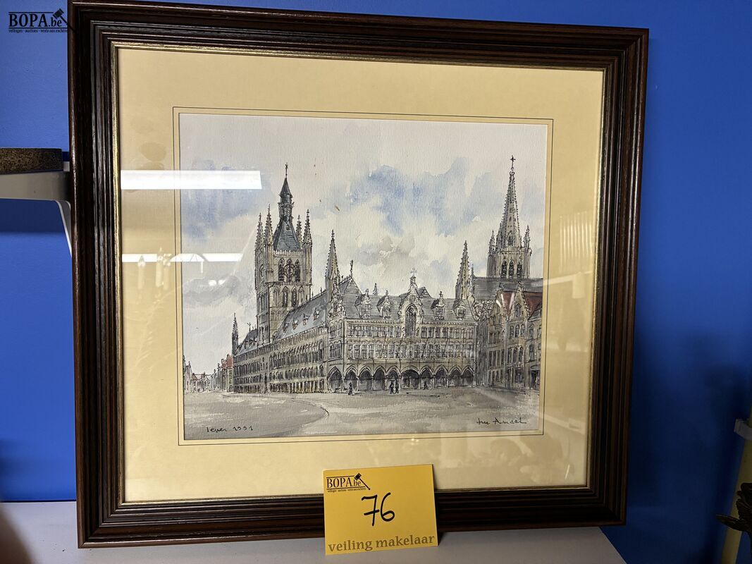 Klassieke pentekening Grote Markt Ieper 1991 - get – foto 2 – kavel bij BOPA Auctions, Ieper