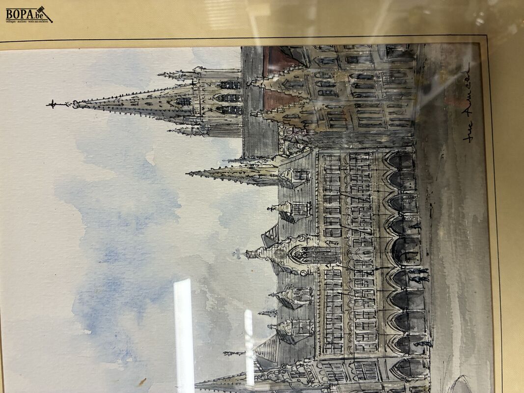 Klassieke pentekening Grote Markt Ieper 1991 - get – foto 4 – kavel bij BOPA Auctions, Ieper